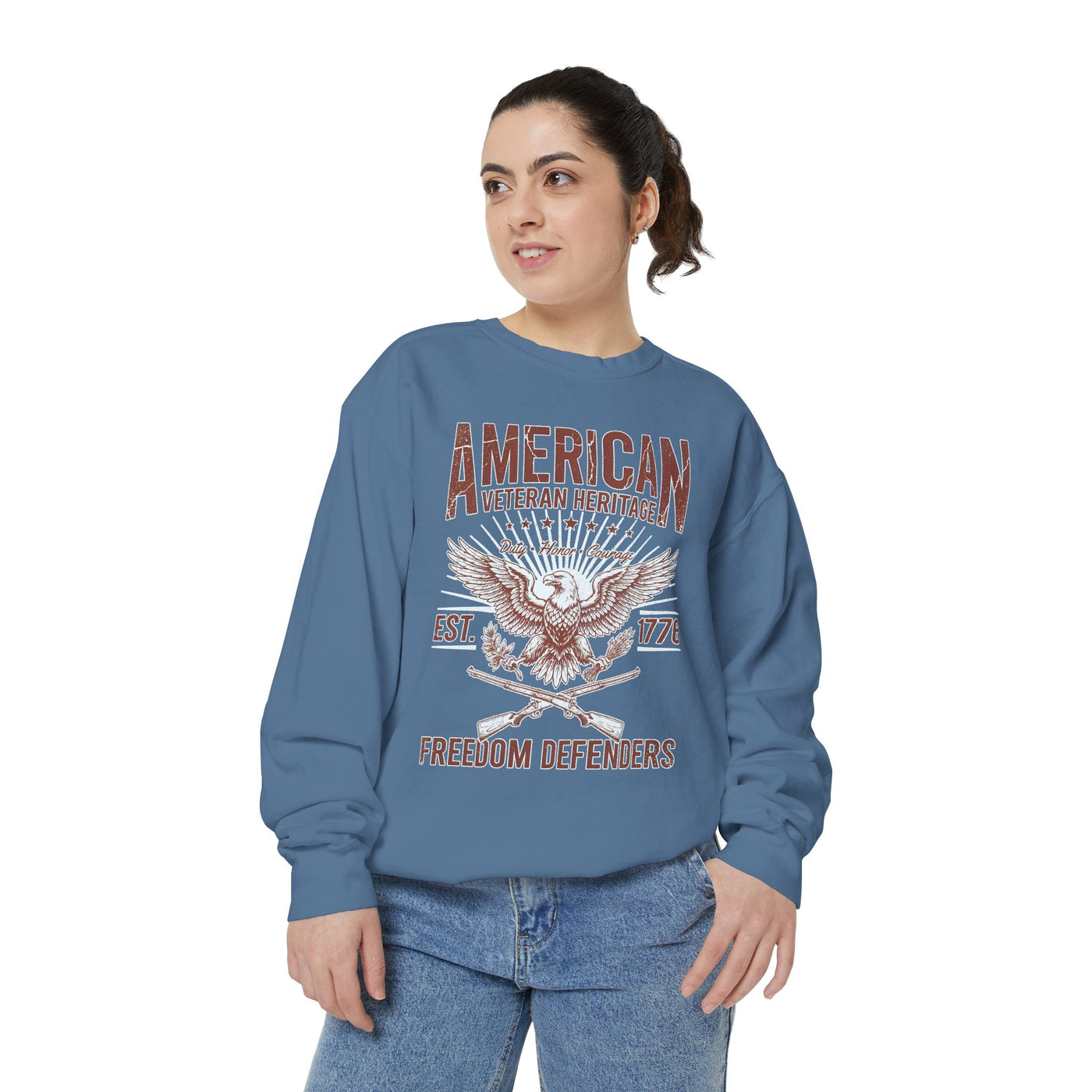 American Veteran Heritage Sweatshirt, Freedom Defenders Crewneck, Patriotic Eagle Gift, Veterans Day or Military Retirement Pullover
