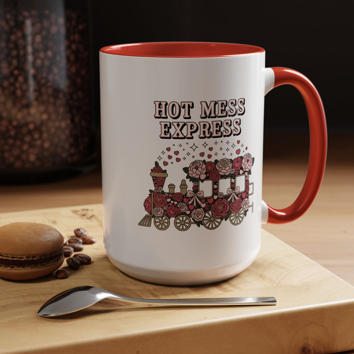 Hot Mess Express Coffee Mug, Pink Floral Train with Bows and Hearts, Funny Birthday Gift for a Busy Mom or Best Friend's Daily Coffee Break