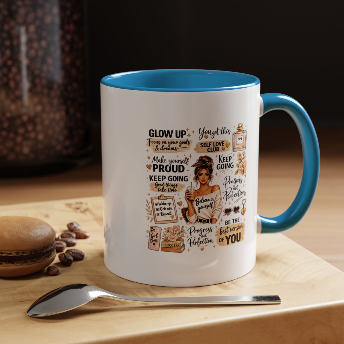 Glow Up Affirmations Coffee Mug, Girl Boss Self Care Gift for Her, Cute Messy Bun Aesthetic Motivational Ceramic Tea Cup with Pink Handle