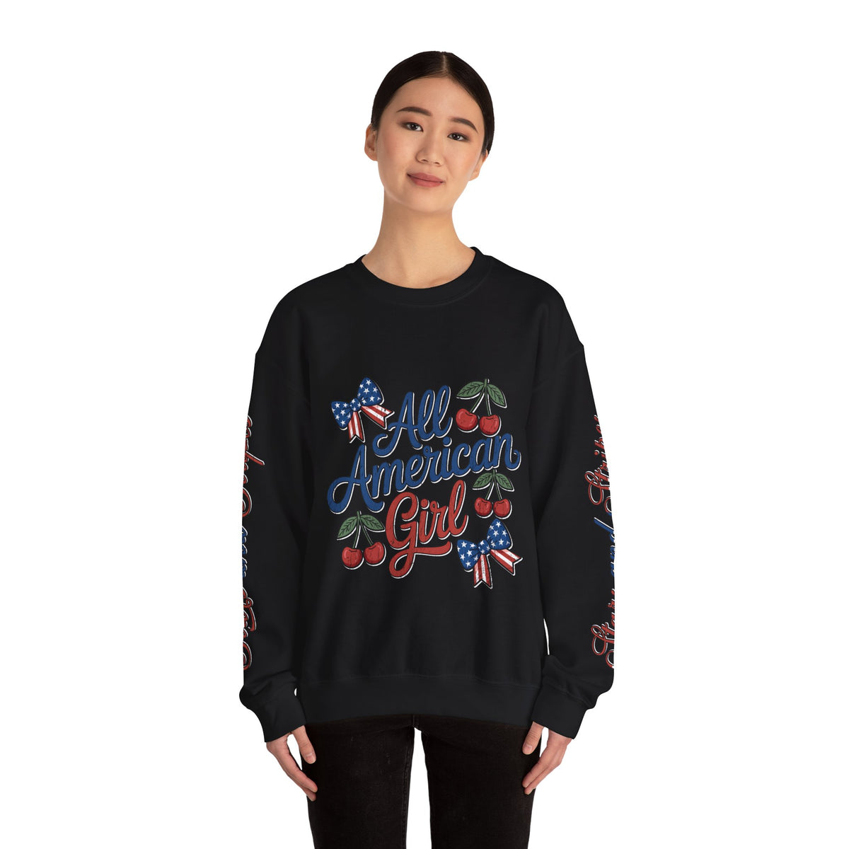 All American Girl Sweatshirt, Patriotic Womens Pullover, USA Flag Cherry Top, Vintage Americana Style, Fourth of July Gift