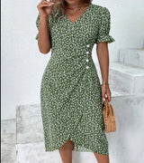 European and American Summer New Womens Vacation Leisure Flower Irregular Bottom V Neck Dress