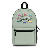 Personalized Cars Backpack for Kids, Custom Name School Bag, Sage Green Vehicle Print, Cute Truck Design