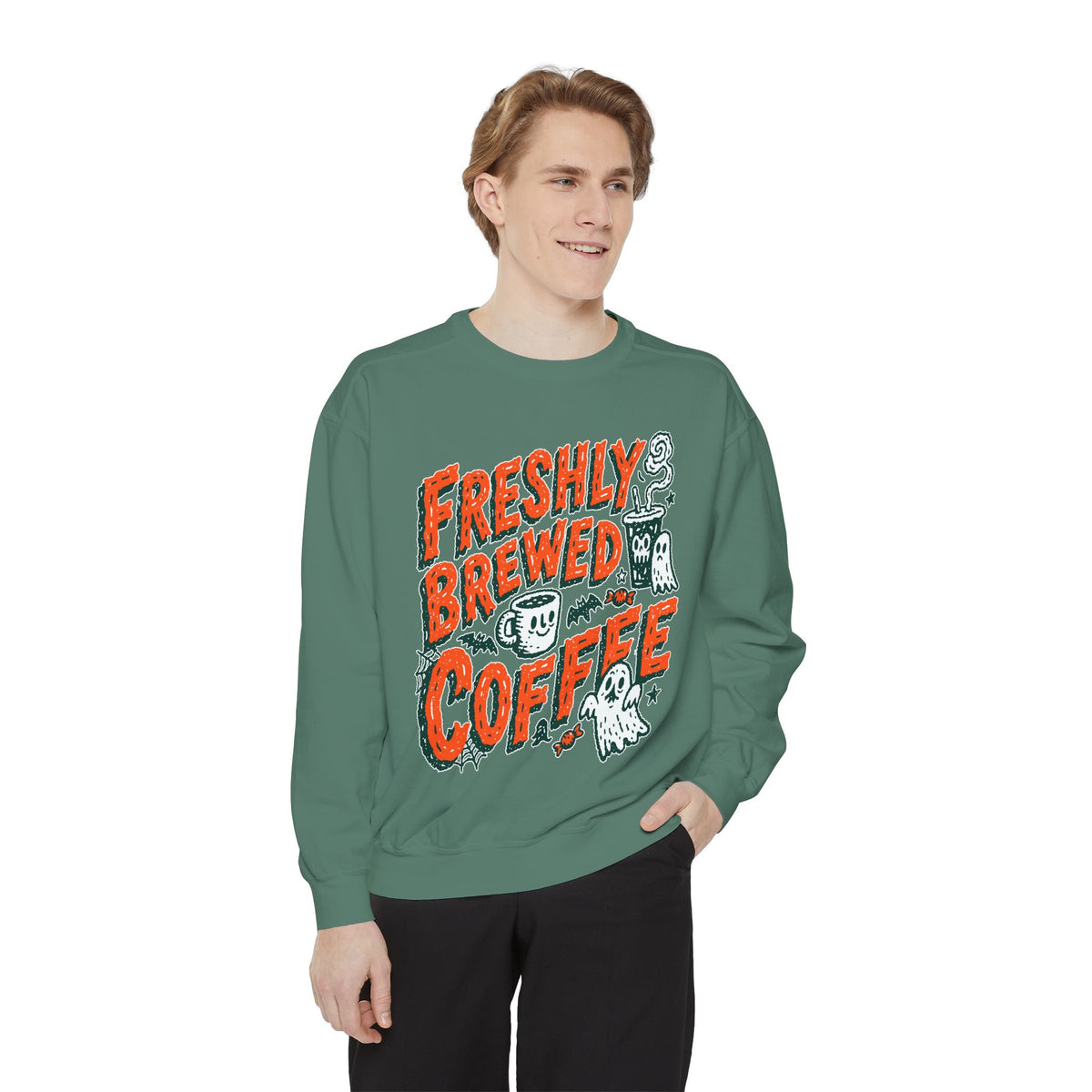 Coffee Lover Halloween Sweatshirt, Freshly Brewed Coffee Ghost Pullover, Cute Spooky Season Gift for Barista and Caffeine Fan, Gift for Her