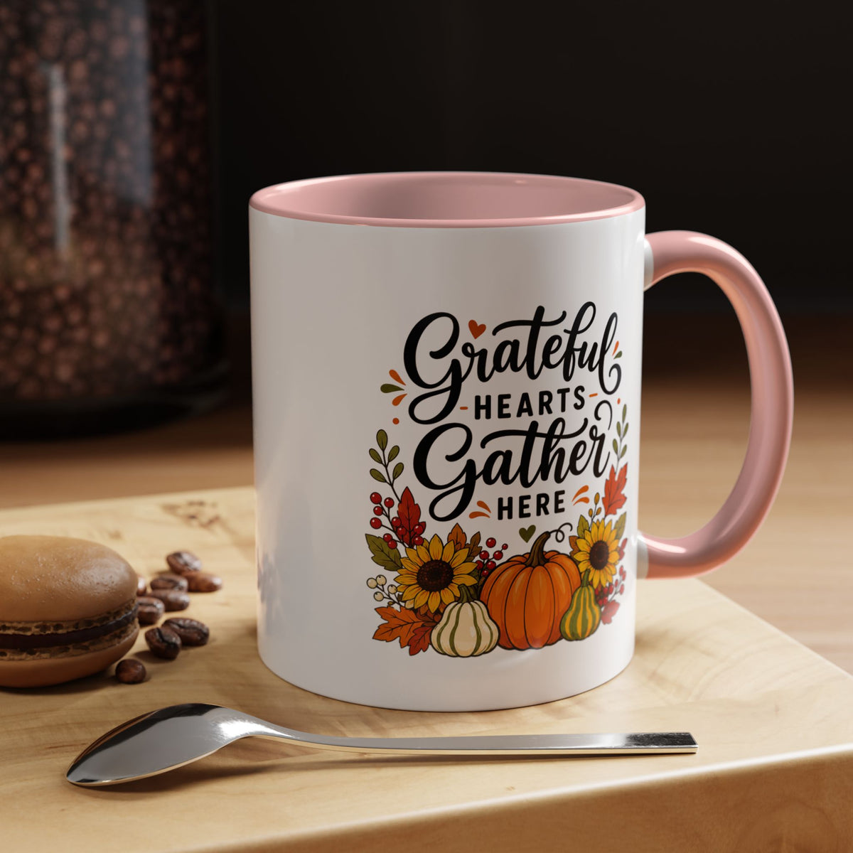 Grateful Hearts Gather Here Mug, Thanksgiving Pumpkin Coffee Cup, Rustic Fall Hostess Gift, Sunflower Harvest Kitchen Decor