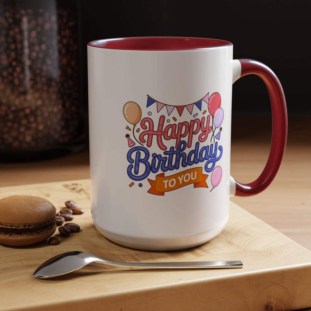 Happy Birthday to You Coffee Mug, Pink and Blue Balloons with Party Bunting, Cheerful Gift for a Sister or Best Friend's Daily Coffee Break