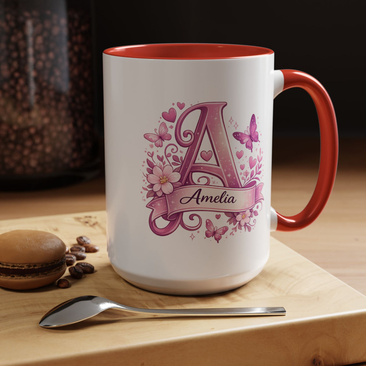 Personalized Butterfly Initial Mug, Custom Name Coffee Mug for Girls and Women, Floral Monogram Cup, Pink Aesthetic Gift, Custom Letter Mug
