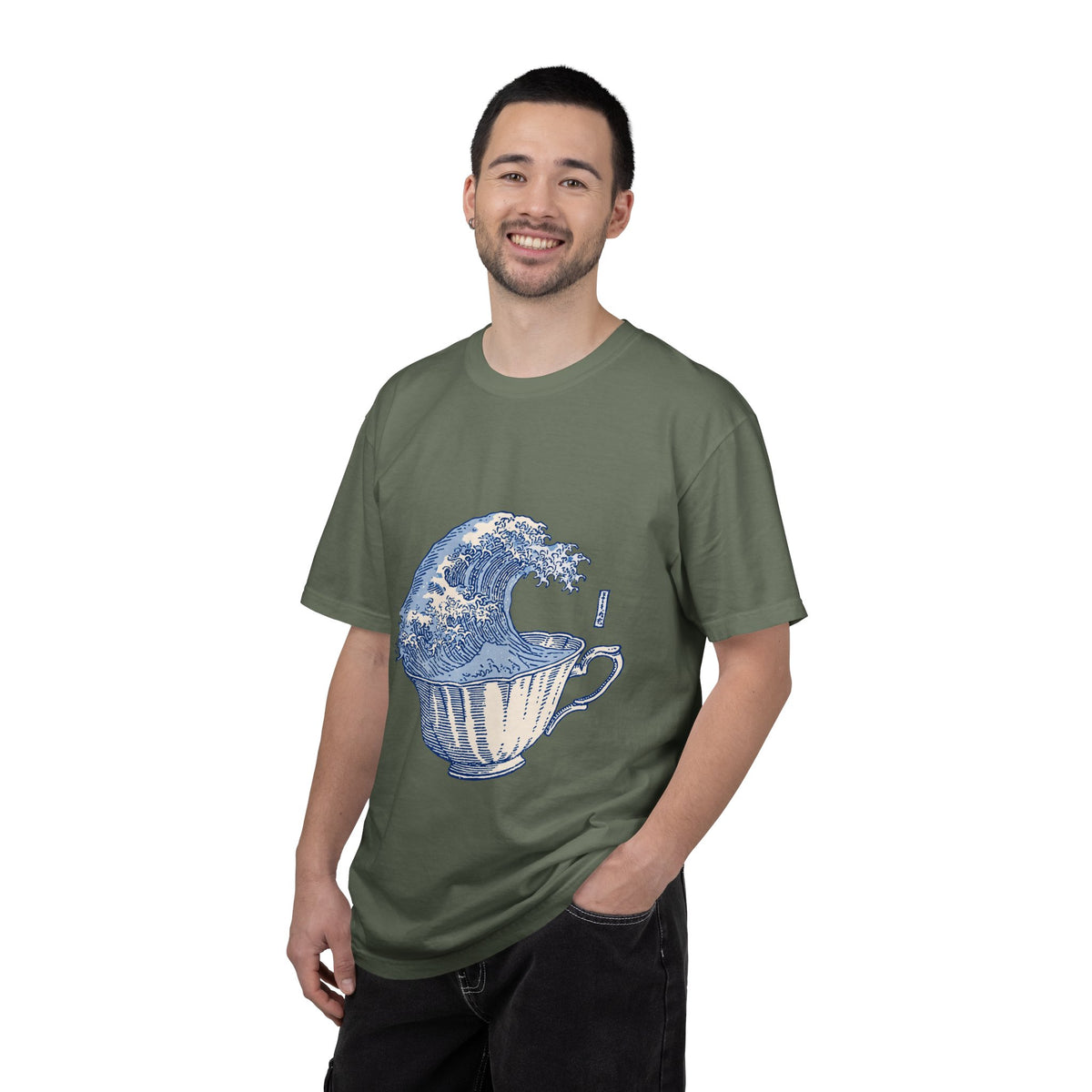 Great Wave Teacup Shirt, Japanese Art Inspired Ocean Graphic, Gift for Tea Lovers and Coastal Art Fans, Casual Cafe Weekend Outfit
