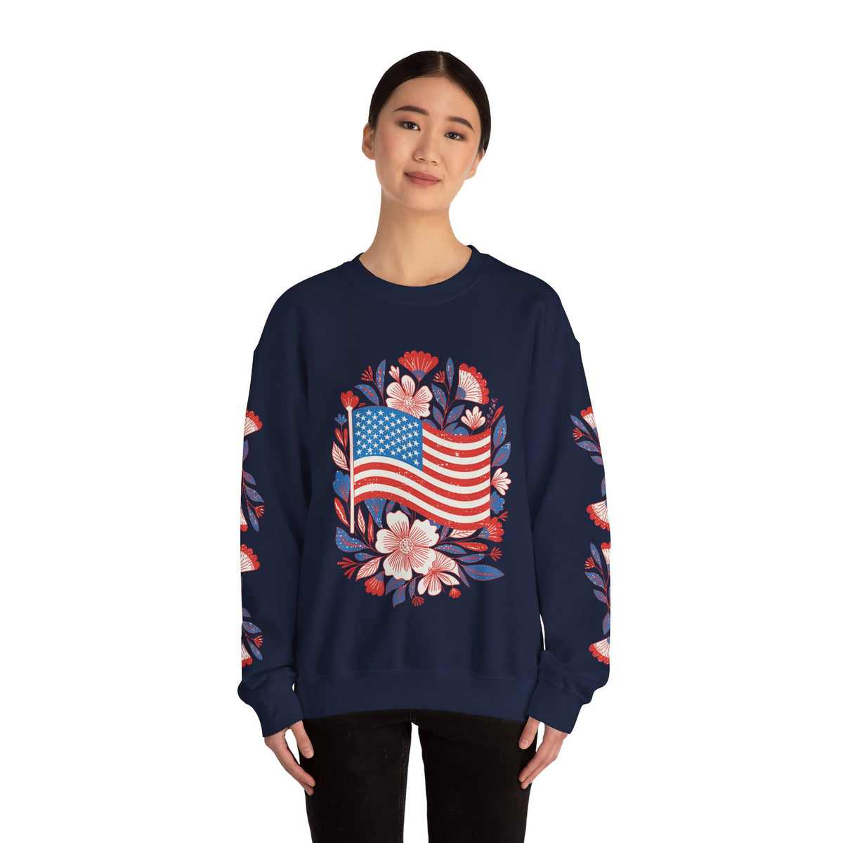 Floral American Flag Sweatshirt, Patriotic USA Pullover, Red White Blue Flower Top, Fourth of July Outfit, Americana Gift for Women