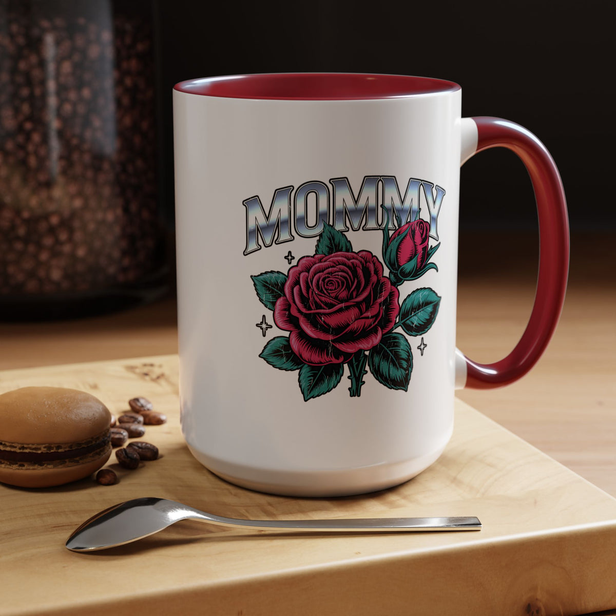 Mommy Coffee Mug, Pink Rose and Teal Leaf Design with Silver Look Lettering, Mother's Day Gift for Mom or a Floral Birthday Present for Her