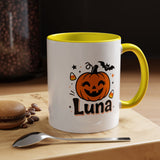 Personalized Halloween Name Mug, Custom Luna Pumpkin Coffee Cup, Cute Kids Trick or Treat Gift, Fall Birthday Present for Little Girl