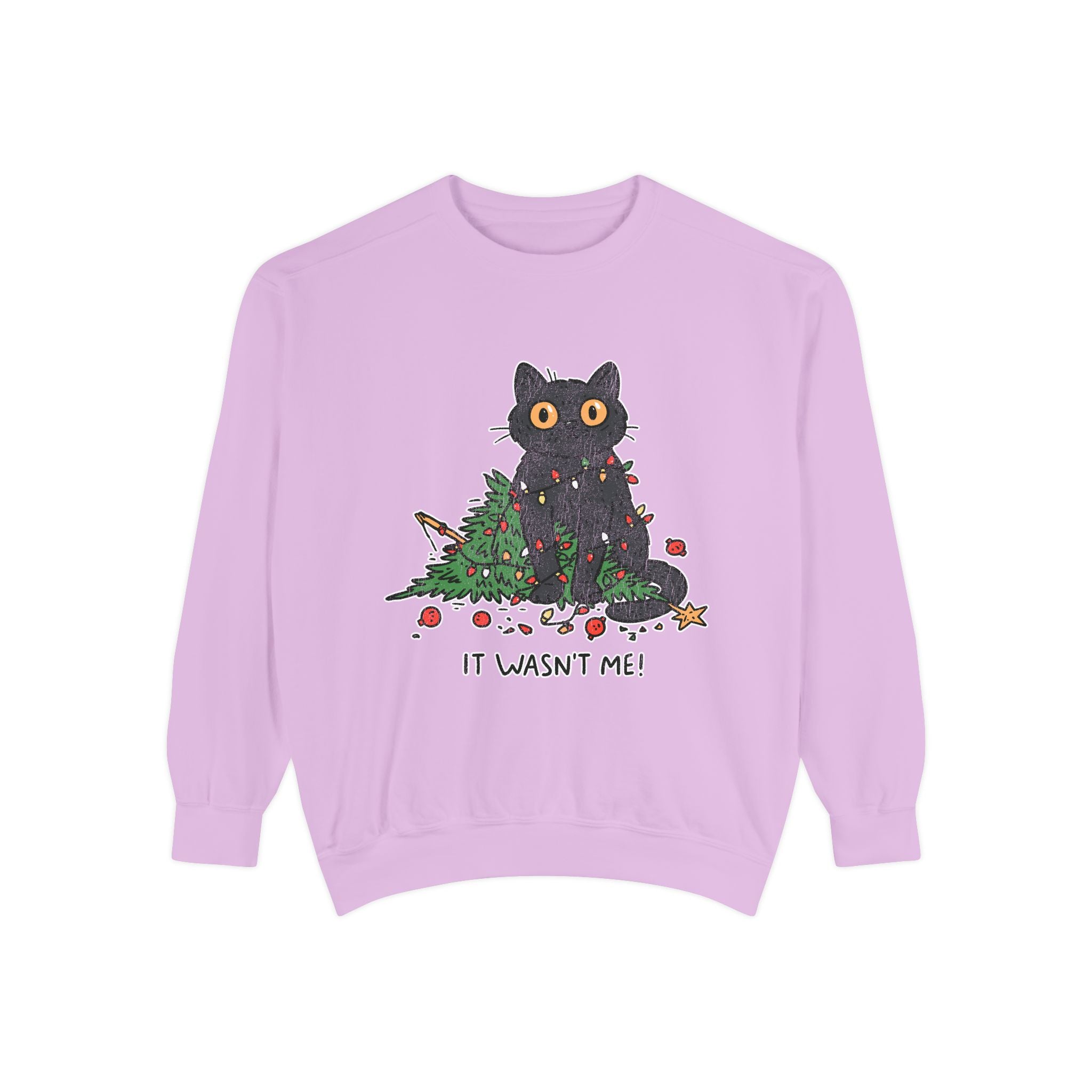 It Wasn't Me Black Cat Christmas Sweatshirt, Funny Holiday Crewneck, Mischievous Kitty Lights Pullover, Gift for Cat Mom or Cat Dad