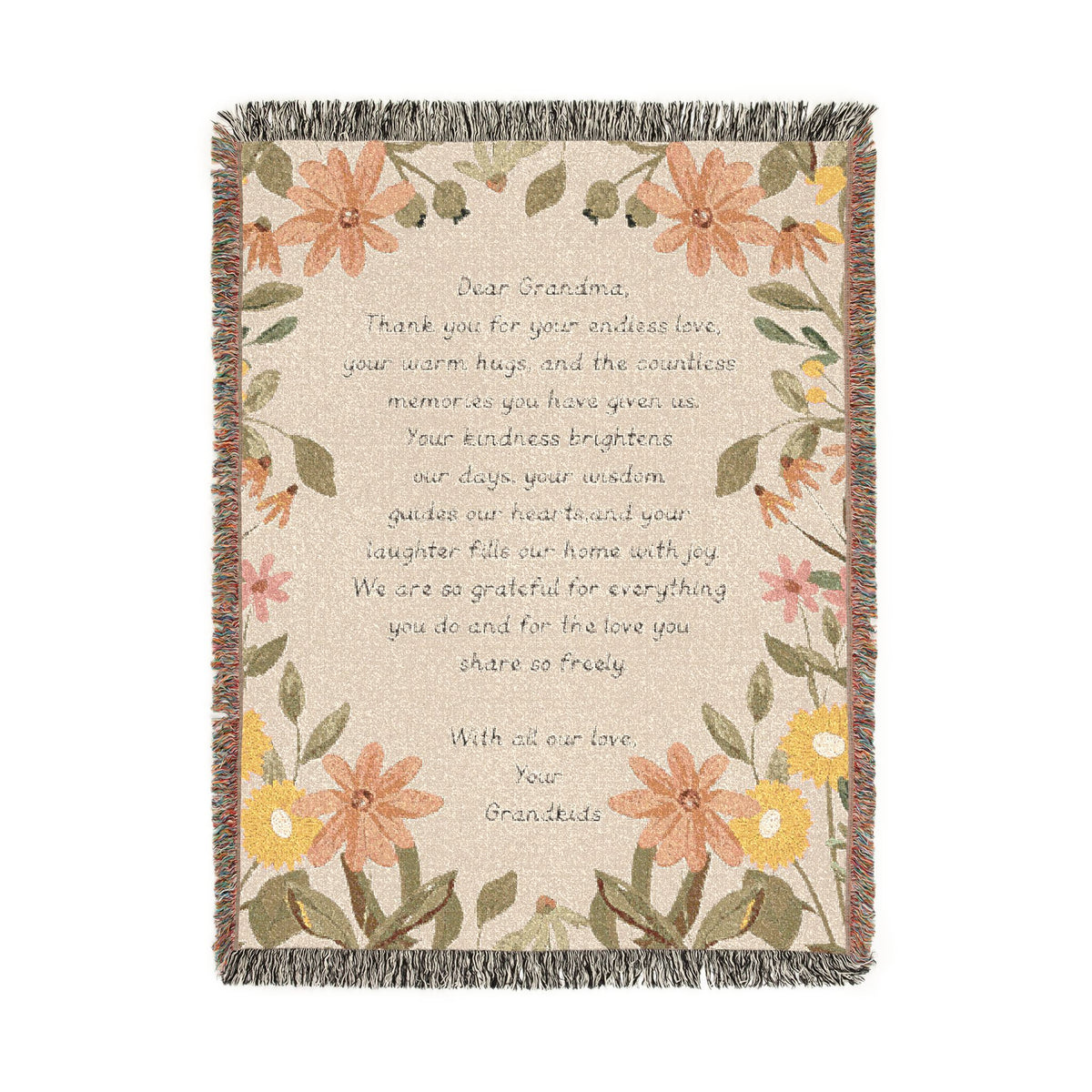 Personalized Grandma Appreciation Blanket, Custom Grandkids Letter Woven Blanket, Grandma Gift from Grandchildren, Floral Keepsake Throw