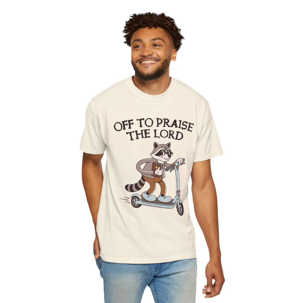 Funny Christian Comfort Colors Shirt, Off to Praise the Lord Raccoon Tee, Cute Faith Based Graphic Tee, Trendy Christian Shirt for Women