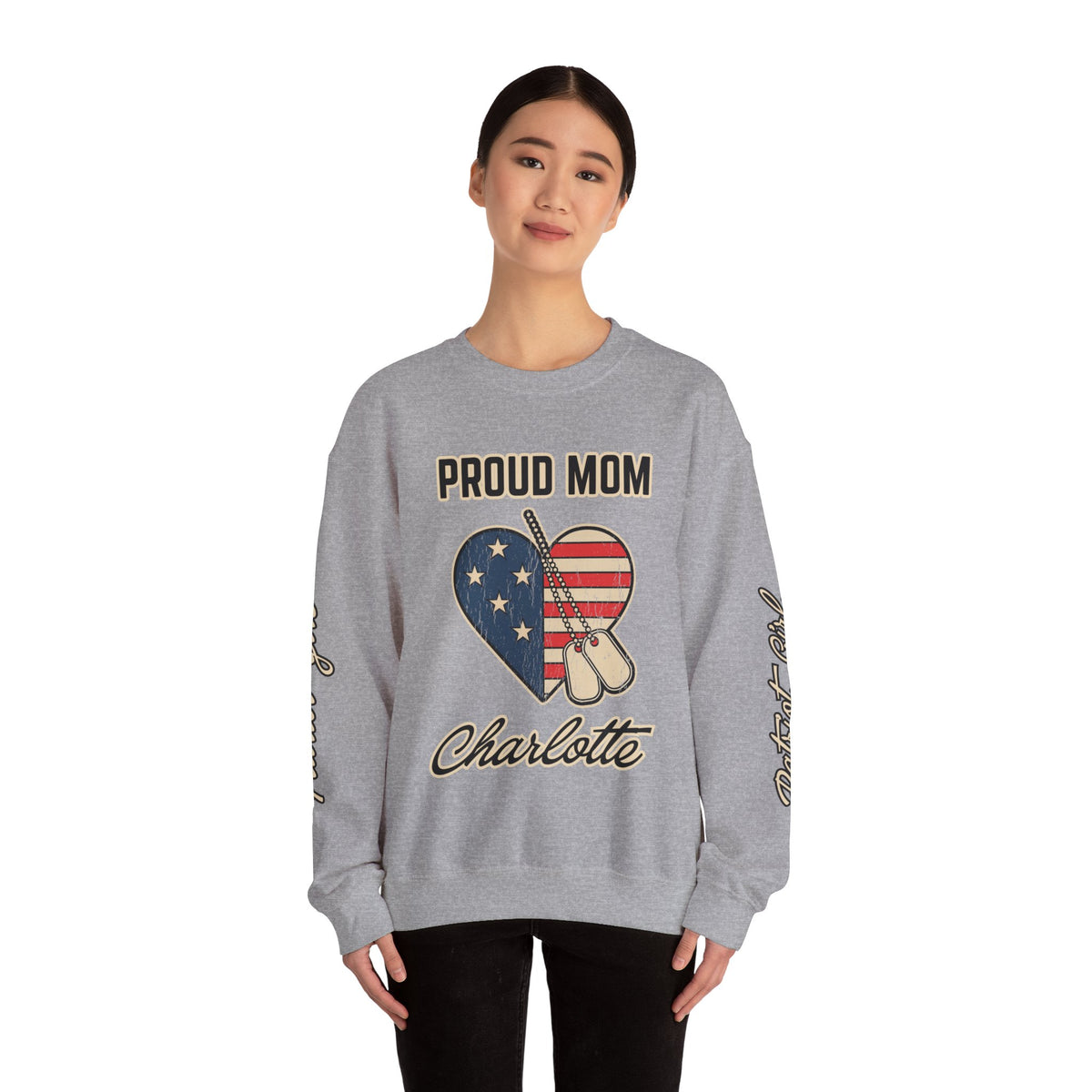 Personalized Proud Mom Sweatshirt, Custom Military Mom Pullover, American Flag Heart Crewneck, Military Mom Gift, Patriotic Mother Shirt