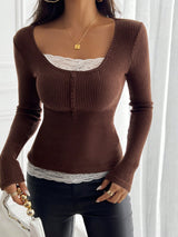 Fashion Simple Round Neck Lace Panel Single Button Slim Fit Long Sleeve Top