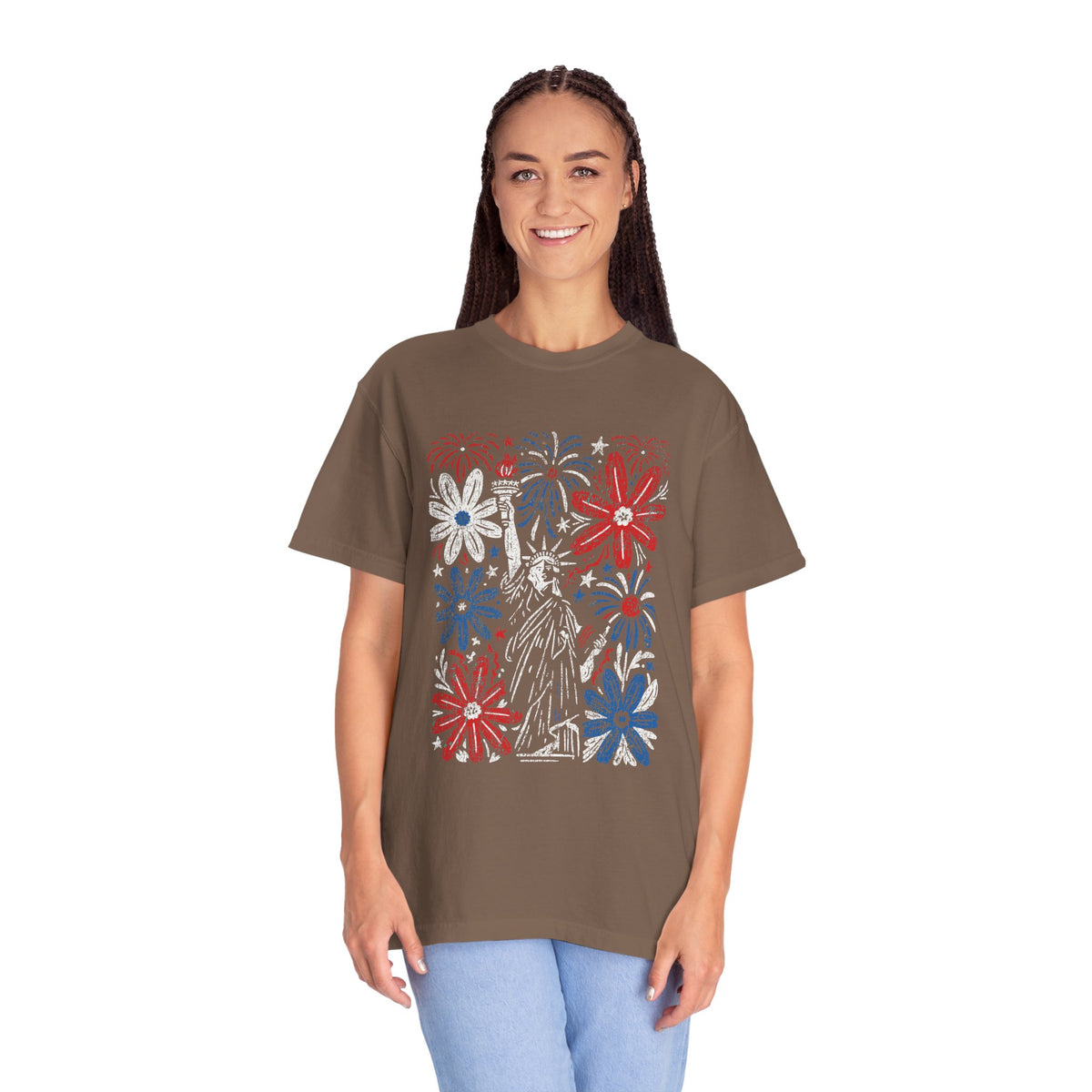 Patriotic Fireworks Shirt, Red White Blue Flower Graphic Tee, Americana T Shirt, Fourth of July Outfit, Vintage USA Gift for Women