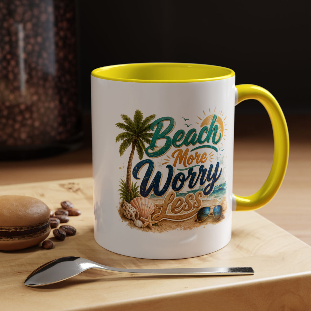 Beach More Worry Less Coffee Mug, Summer Vacation Gift for Ocean Lovers, Cute Tropical Palm Tree Ceramic Tea Cup with Dark Blue Handle