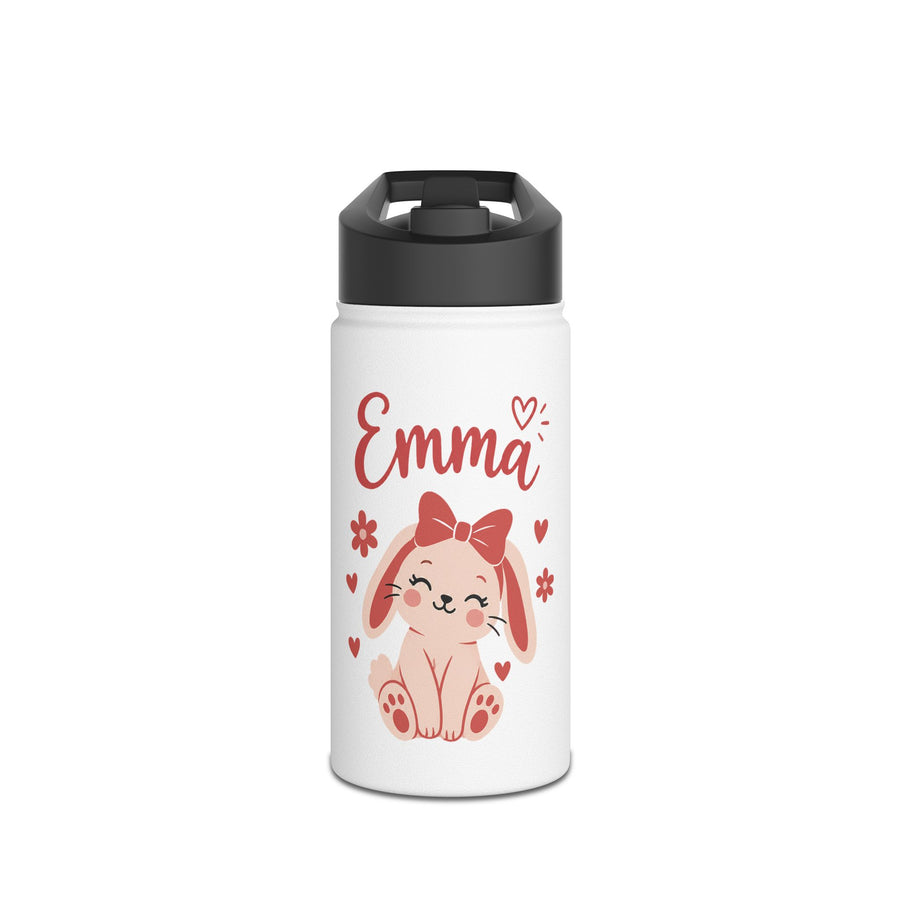 A white stainless steel water bottle with a black flip-top lid, printed with the sample name "Emma" in red script above a smiling pink bunny with a red bow, surrounded by small red hearts and flowers.