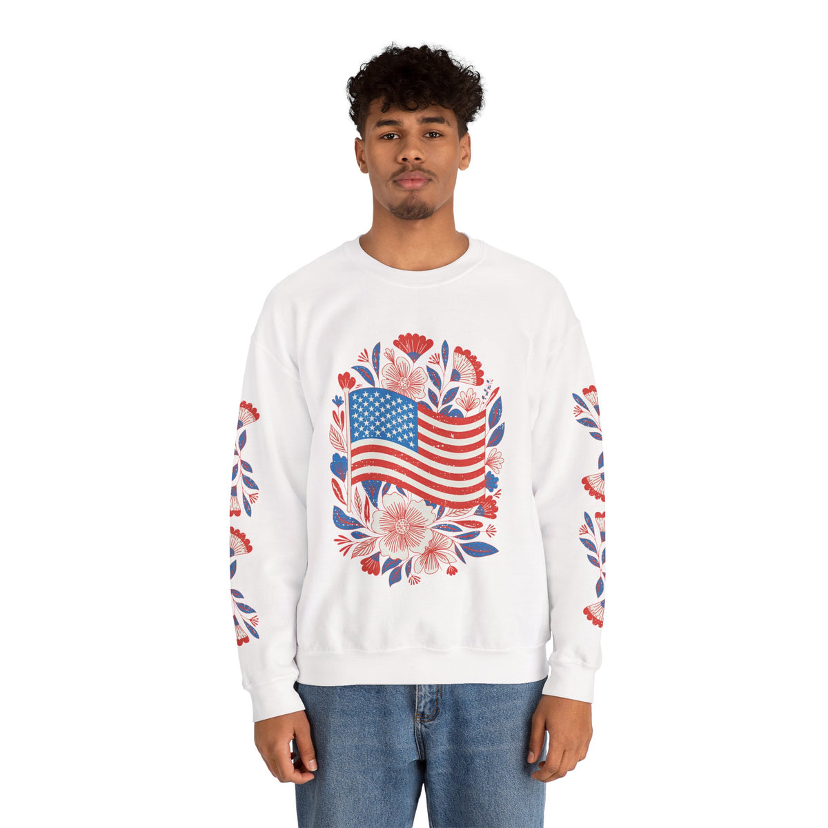 Floral American Flag Sweatshirt, Patriotic USA Pullover, Red White Blue Flower Top, Fourth of July Outfit, Americana Gift for Women