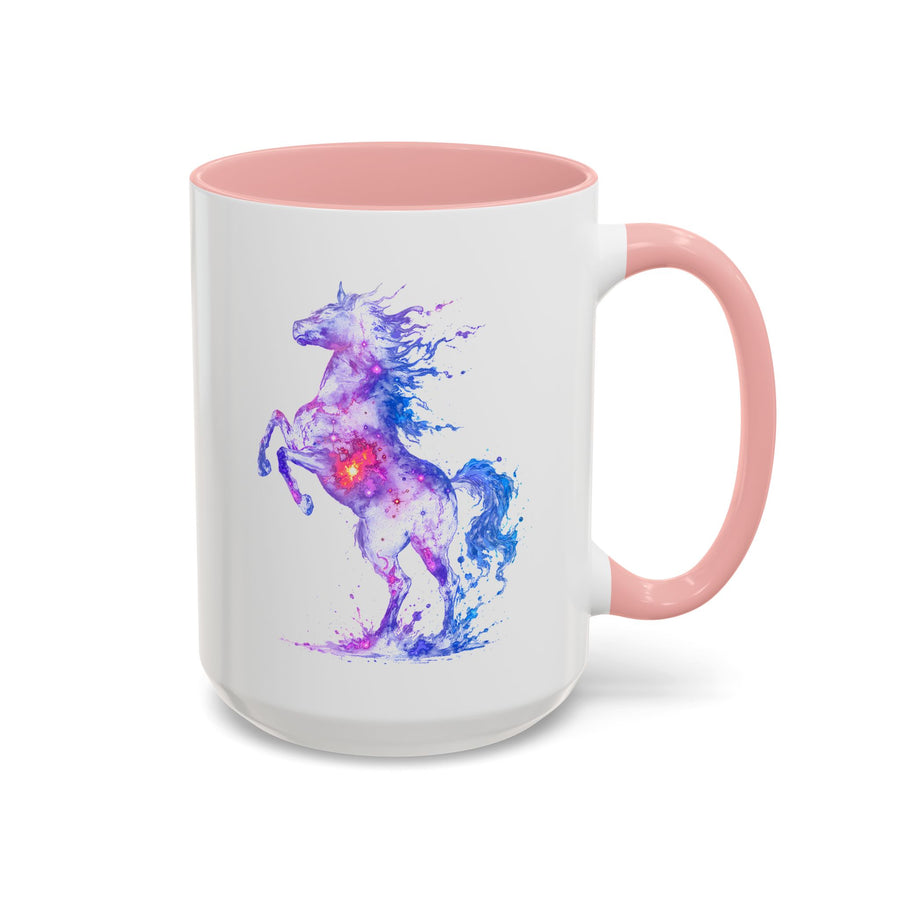 White mug printed with a rearing horse painted in swirling purple, pink and blue watercolour, its body scattered with stars and a glowing point of light burning at its centre.