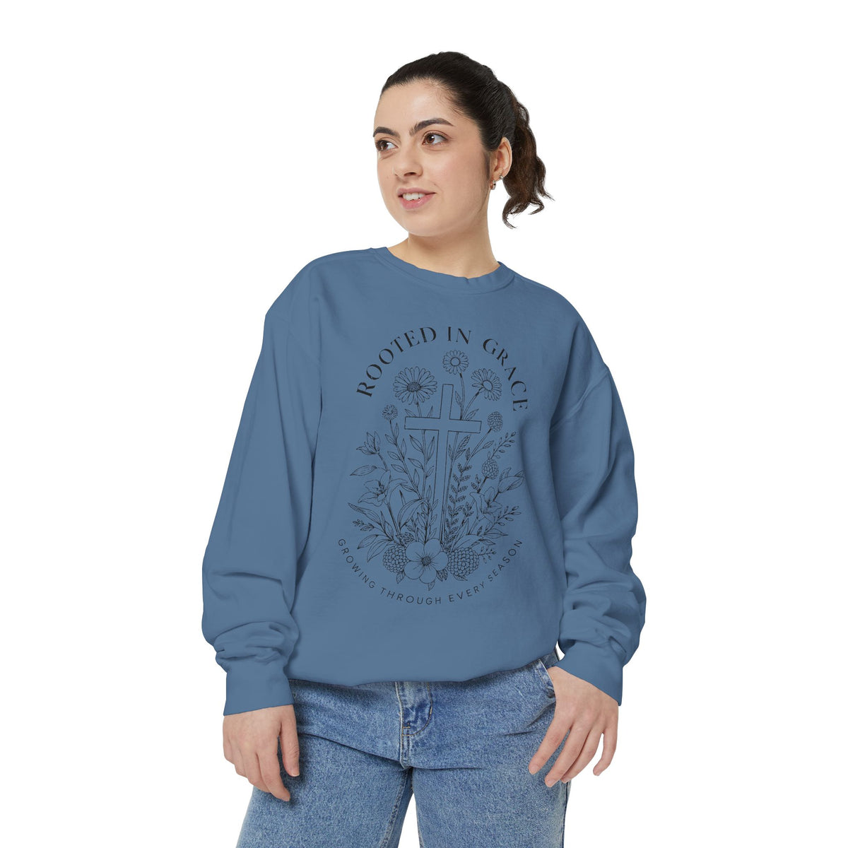 Rooted in Grace Comfort Colors Sweatshirt, Christian Floral Cross Sweatshirt, Faith Based Gift for Women, Inspirational Crewneck