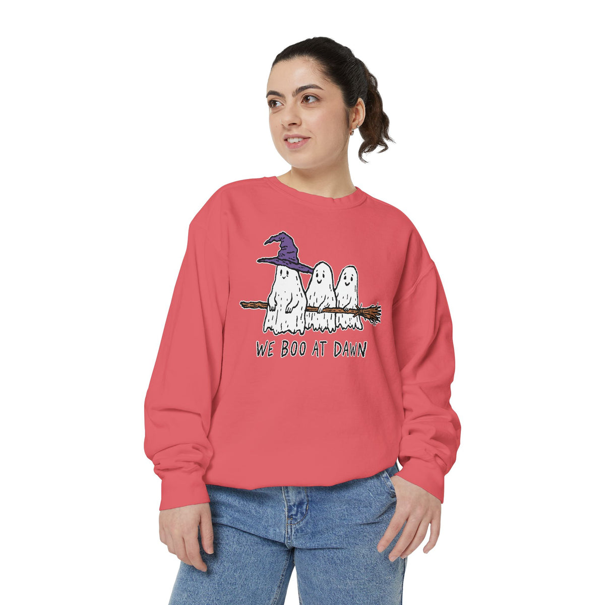 We Boo at Dawn Ghost Sweatshirt, Funny Halloween Witch Broom Pullover, Cute Spooky Season Gift for Friends and Ghost Lovers, October Outfit