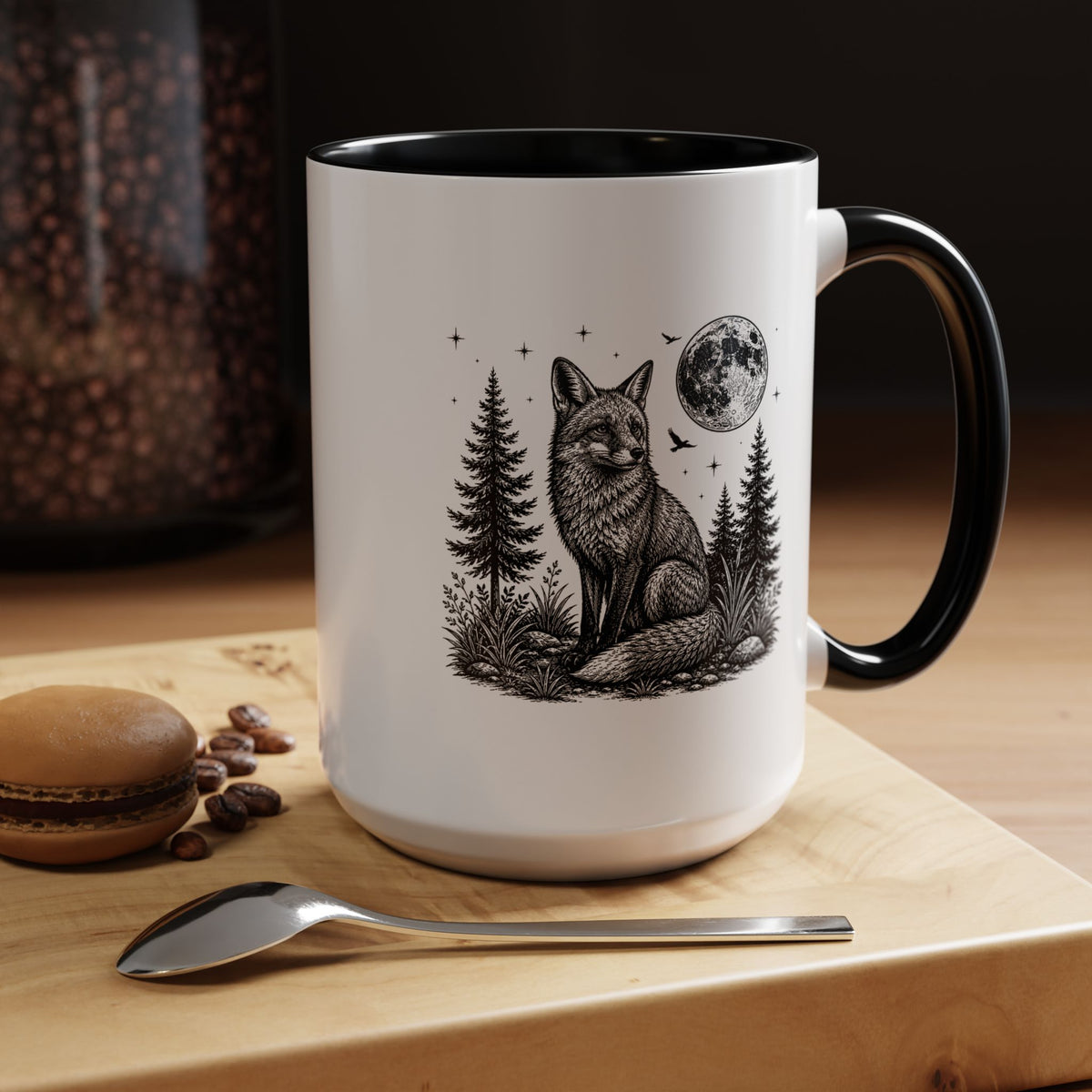 Fox Moon Mug, Black and White Woodland Coffee Cup, Celestial Forest Animal Gift for Fox Lover, Rustic Cabin Decor, Nature Birthday Present
