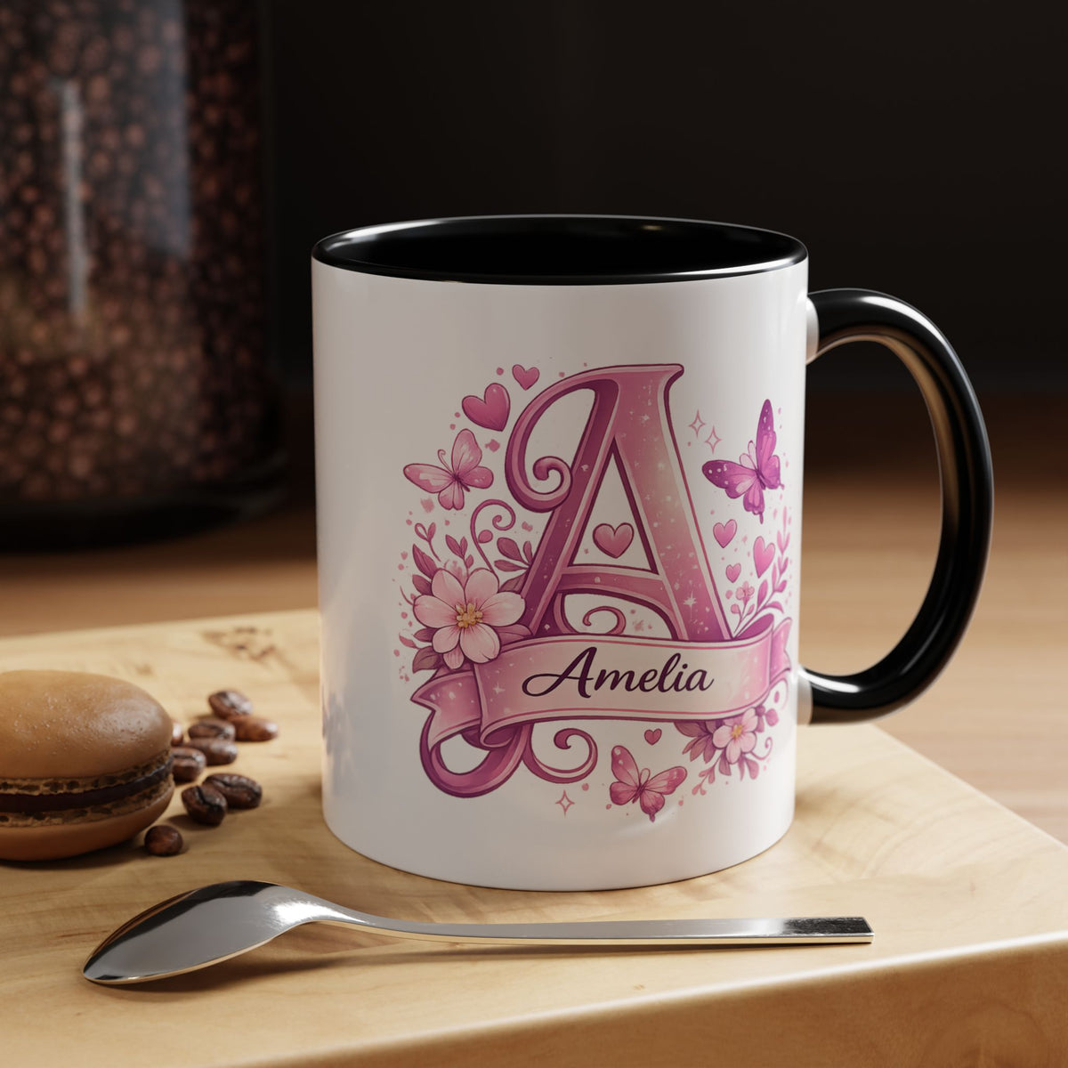 Personalized Butterfly Initial Mug, Custom Name Coffee Mug for Girls and Women, Floral Monogram Cup, Pink Aesthetic Gift, Custom Letter Mug