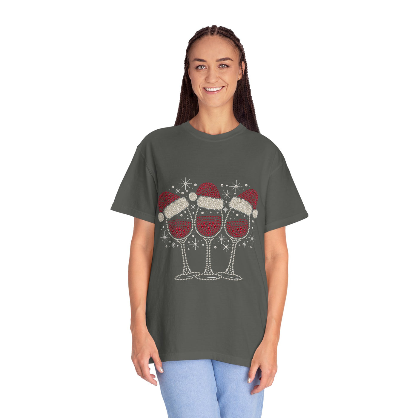 Christmas Wine Glass Shirt, Rhinestone Style Santa Hat T-Shirt, Sparkly Holiday Party Tee, Gift for Wine Lover or Girls Christmas Night