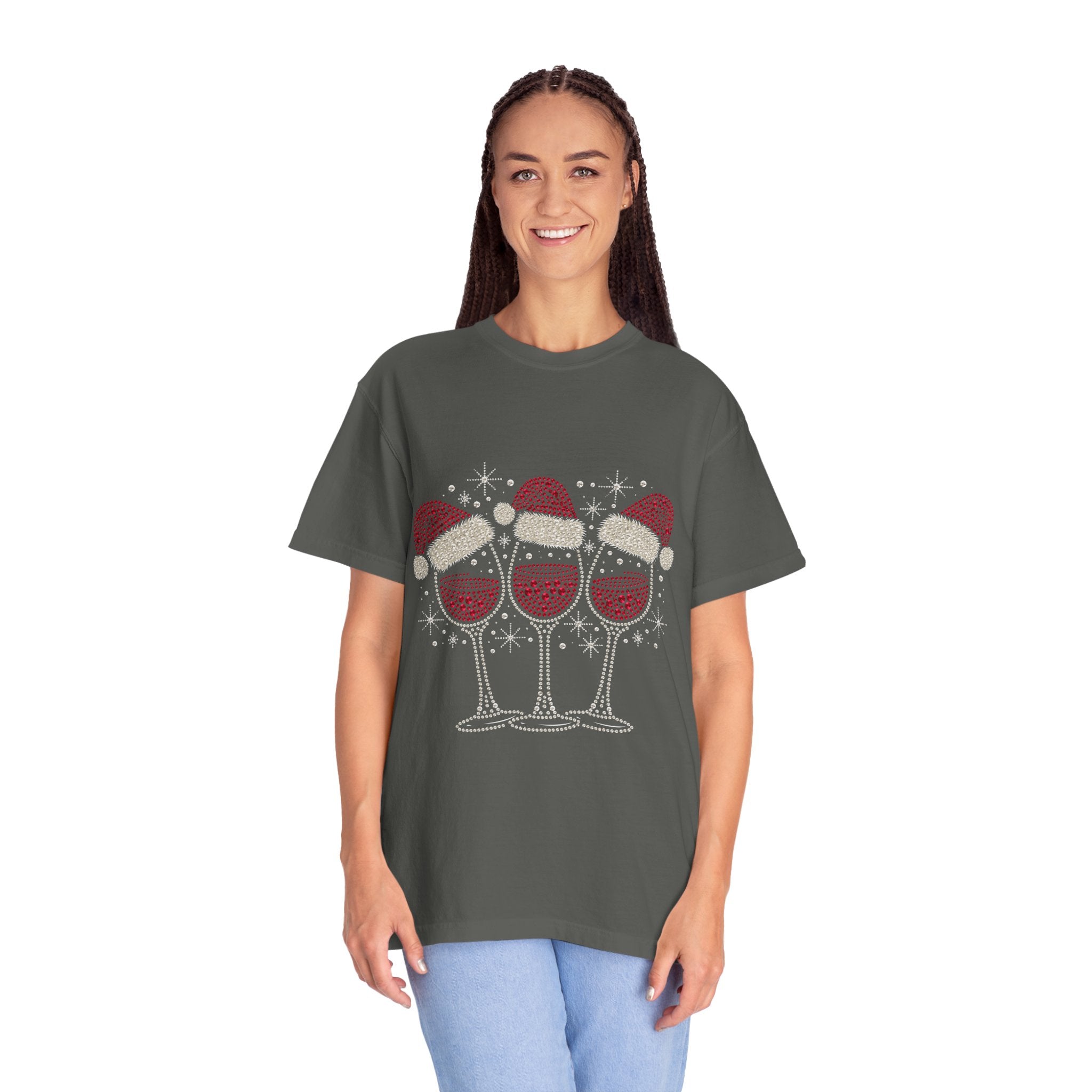 Christmas Wine Glass Shirt, Rhinestone Style Santa Hat T-Shirt, Sparkly Holiday Party Tee, Gift for Wine Lover or Girls Christmas Night