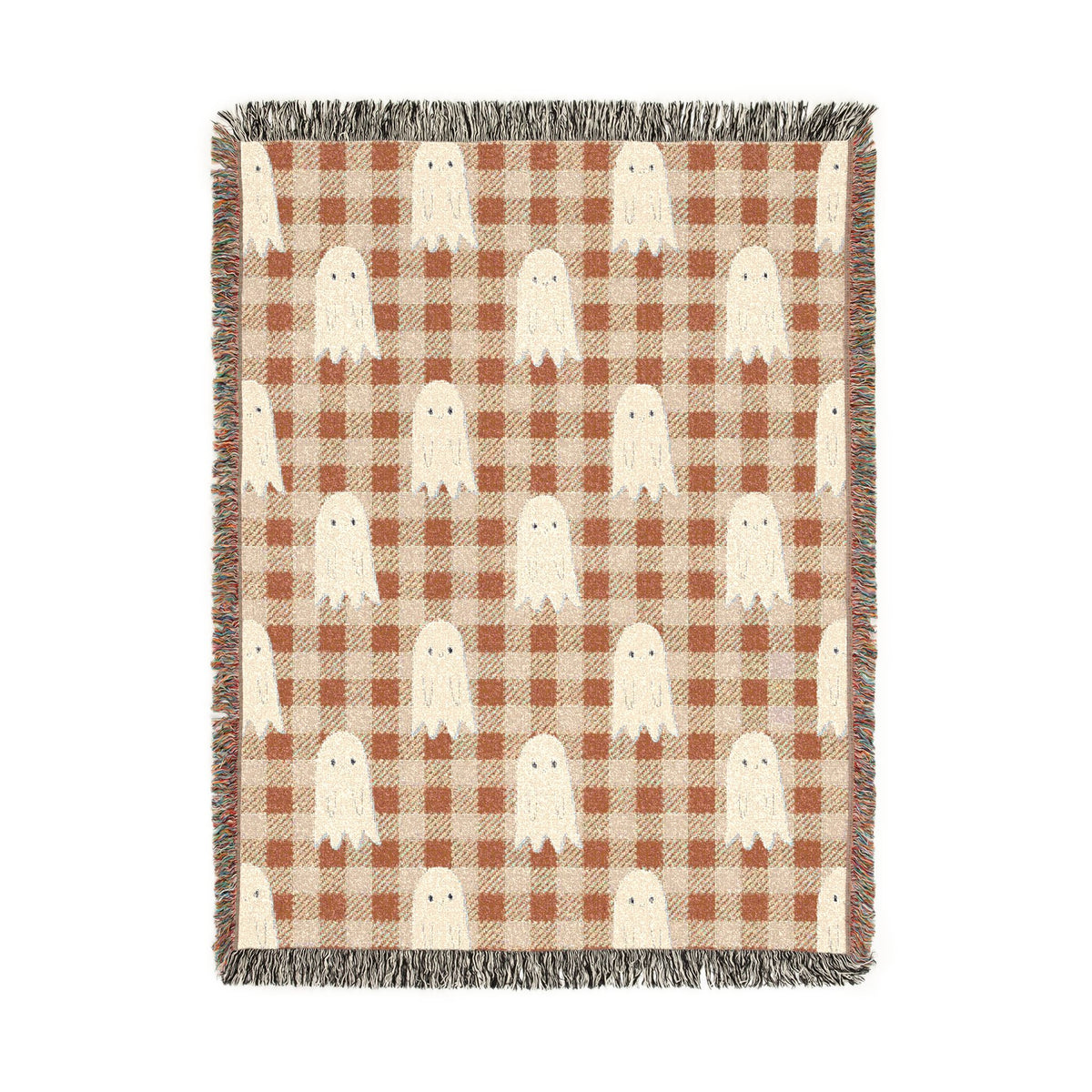 Cute Ghost Halloween Blanket, Orange Gingham Spooky Throw for Cozy Fall Home Decor, Retro Autumn Sofa Blanket