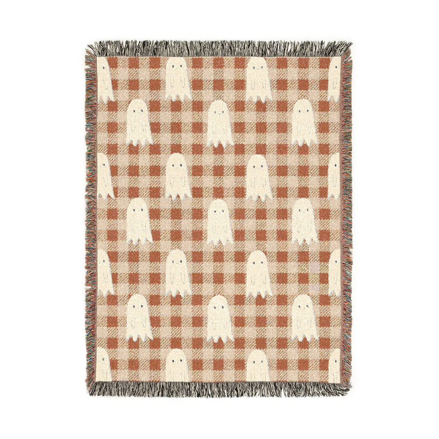 Cute Ghost Halloween Blanket, Orange Gingham Spooky Throw for Cozy Fall Home Decor, Retro Autumn Sofa Blanket