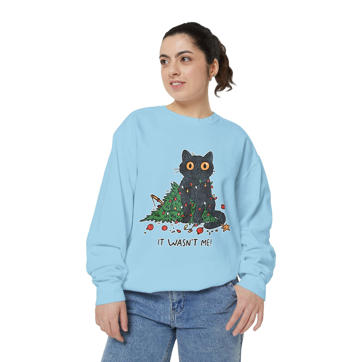 It Wasn't Me Black Cat Christmas Sweatshirt, Funny Holiday Crewneck, Mischievous Kitty Lights Pullover, Gift for Cat Mom or Cat Dad