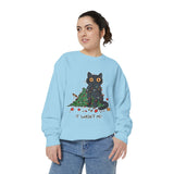 It Wasn't Me Black Cat Christmas Sweatshirt, Funny Holiday Crewneck, Mischievous Kitty Lights Pullover, Gift for Cat Mom or Cat Dad