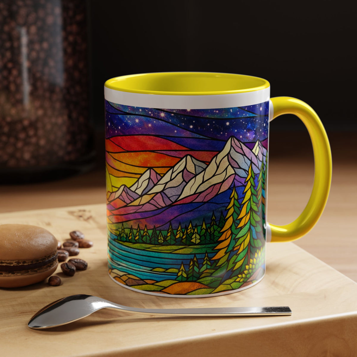 Colorful Sunset Landscape Mug, Stained Glass Nature Coffee Mug, Mountain Lake Art Mug, Outdoor Lover Gift, Scenic Ceramic Cup