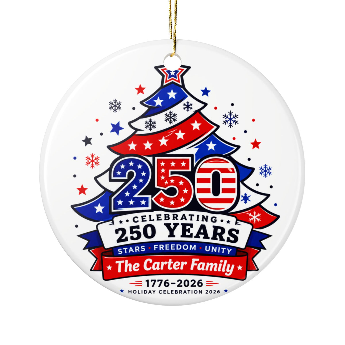 Personalized Patriotic Christmas Ornament, Custom Family Name, USA 1776 to 2026 Anniversary Keepsake, Red White Blue Holiday Decor