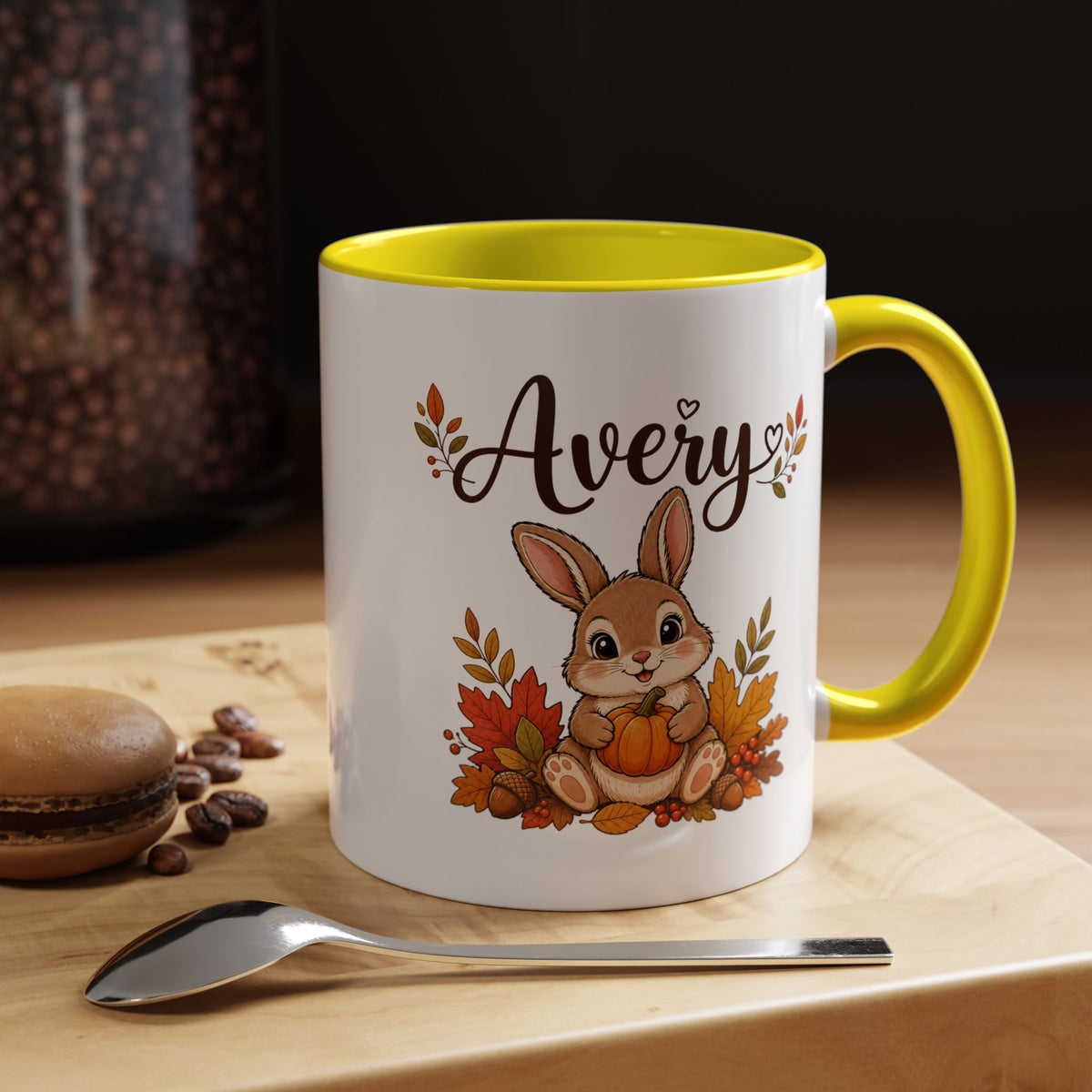 Personalized Bunny Mug with Name, Autumn Rabbit Coffee Cup, Cute Fall Woodland Gift for Daughter, Easter Basket or Birthday Keepsake