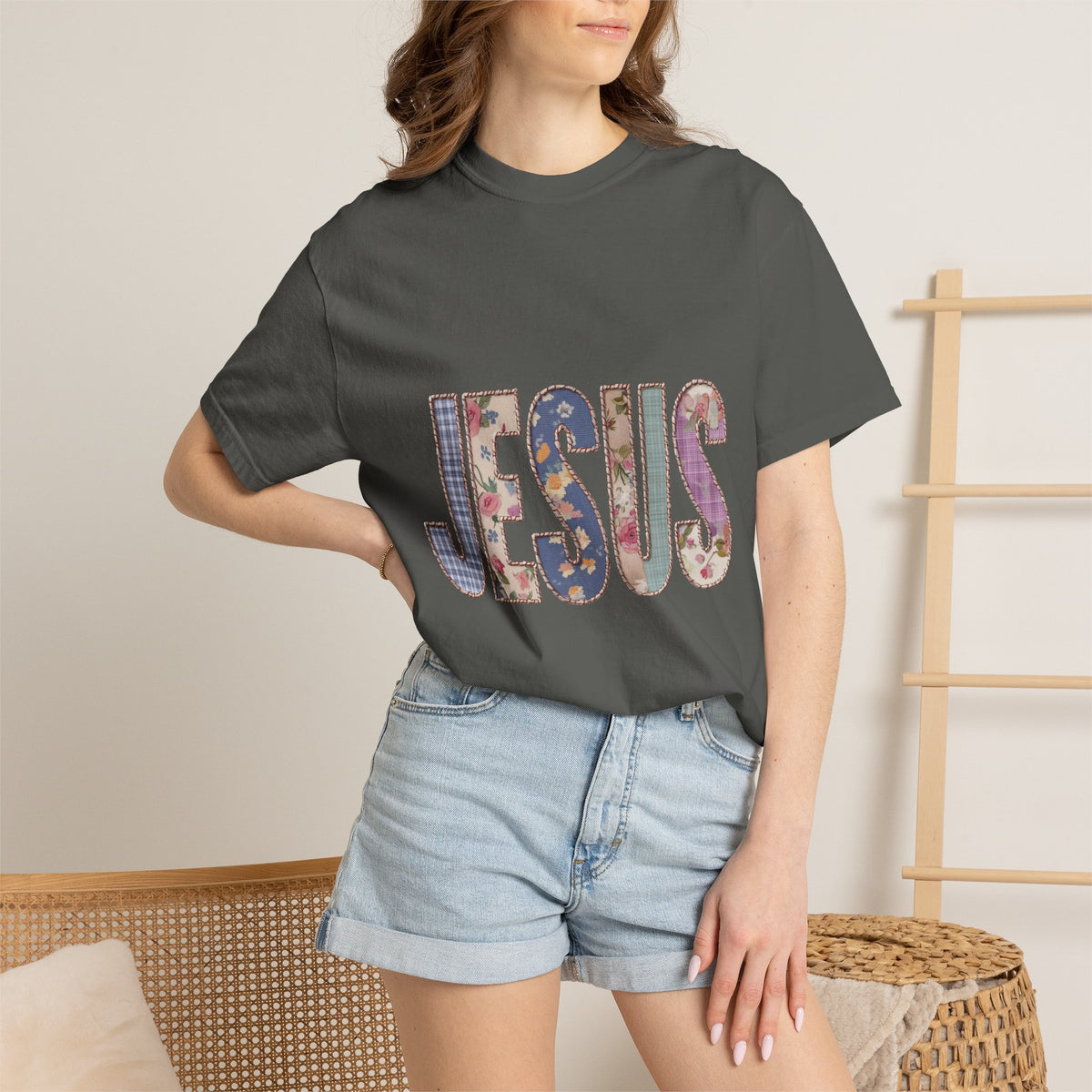 Jesus Patchwork Graphic Tee, Floral Christian Shirt, Cute Faith Based T Shirt, Vintage Coquette Religious Shirt