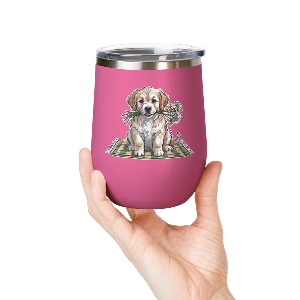 Golden Puppy Wine Tumbler, Cute Dog and Flower Cup, Gift for Dog Moms, Puppy Lovers, Pet Parents and Animal Lovers