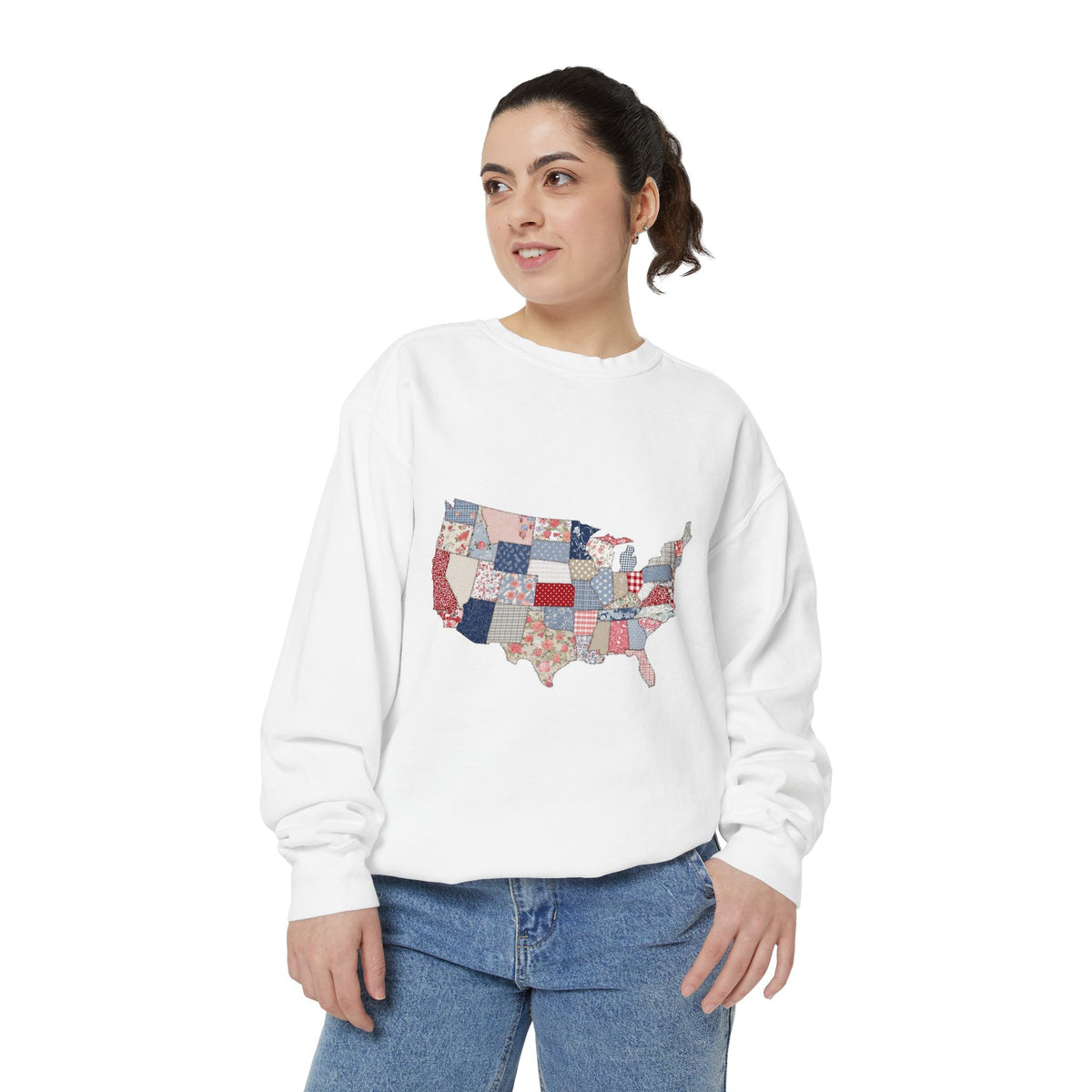 Patchwork USA Map Comfort Sweatshirt, Quilted America Crewneck Sweatshirt, Patriotic Americana Gift, Fourth of July Comfort Sweatshirt