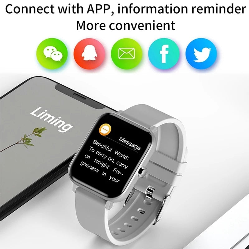 Black rectangular smartwatch with a touchscreen showing time, weather and a heart rate chart, black band