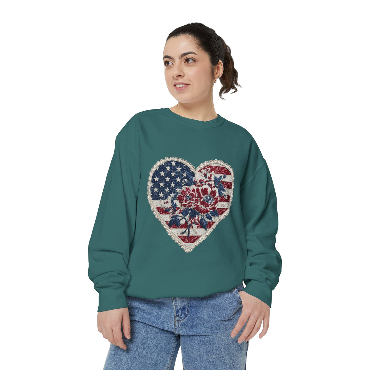 Patriotic Floral Heart Comfort Sweatshirt, American Flag Heart Crewneck, Fourth of July Sweatshirt, USA Gift for Women