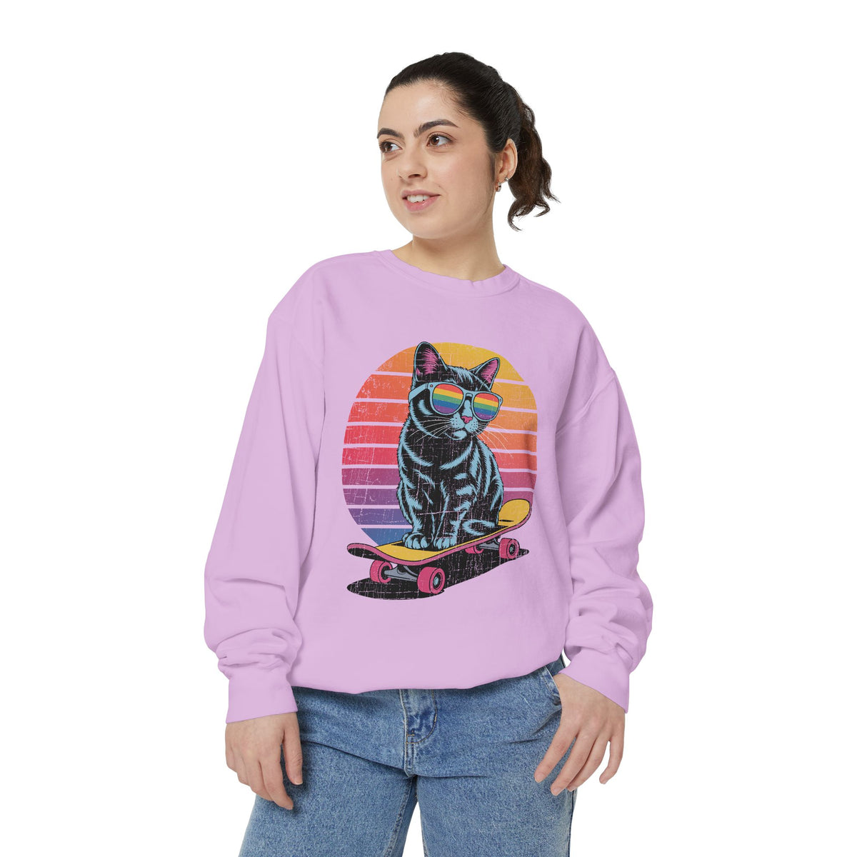Retro Skateboard Cat Sweatshirt, Rainbow Sunglasses Kitty Crewneck, Funny Cat Lover Gift, Vintage Skater Graphic Cozy Pullover Top