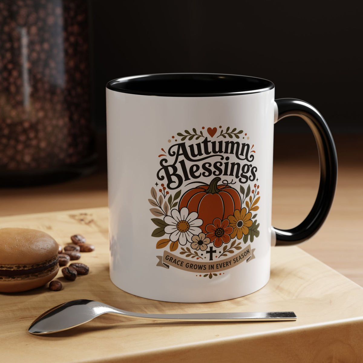 Autumn Blessings Christian Mug, Grace Grows in Every Season Coffee Cup, Faith Based Fall Gift, Floral Pumpkin Thanksgiving Decor
