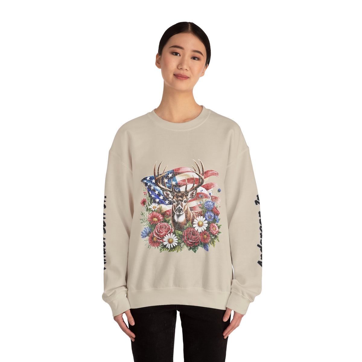 Personalized Hunting Family Sweatshirt, Custom Deer Patriotic Pullover, American Flag Floral Crewneck, Family Gift, Outdoorsman Shirt