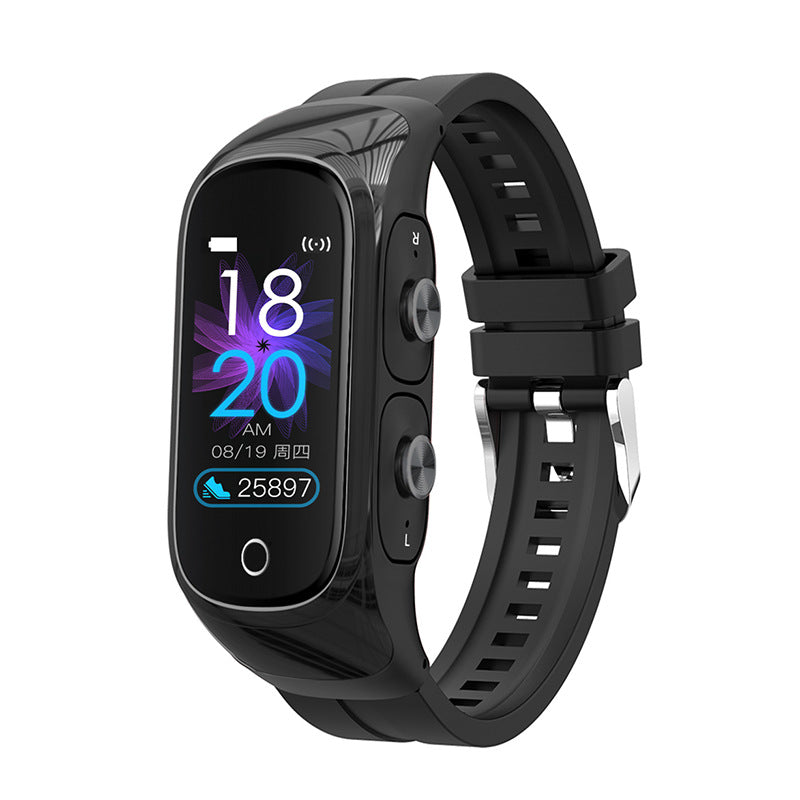 Red smart bracelet with small digital display, black silicone strap
