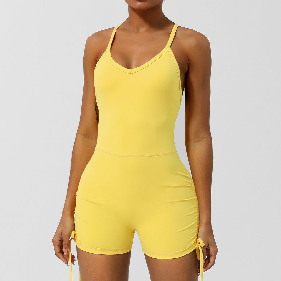 Style V-Neck Bodysuit Yoga Thin Strap Cross Back Yoga Wear Slim Fit Shorts Sleeveless with Built-in Bra