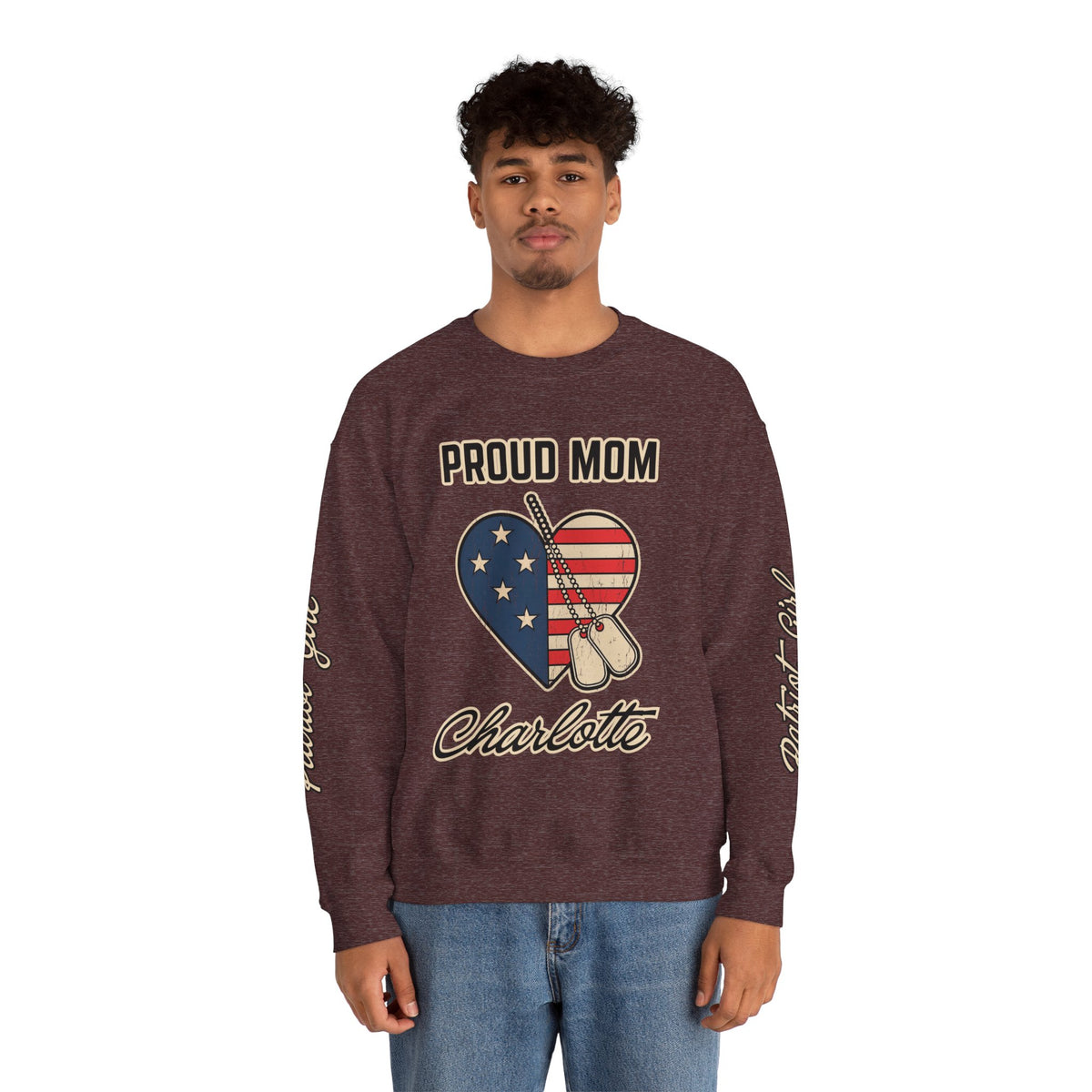 Personalized Proud Mom Sweatshirt, Custom Military Mom Pullover, American Flag Heart Crewneck, Military Mom Gift, Patriotic Mother Shirt