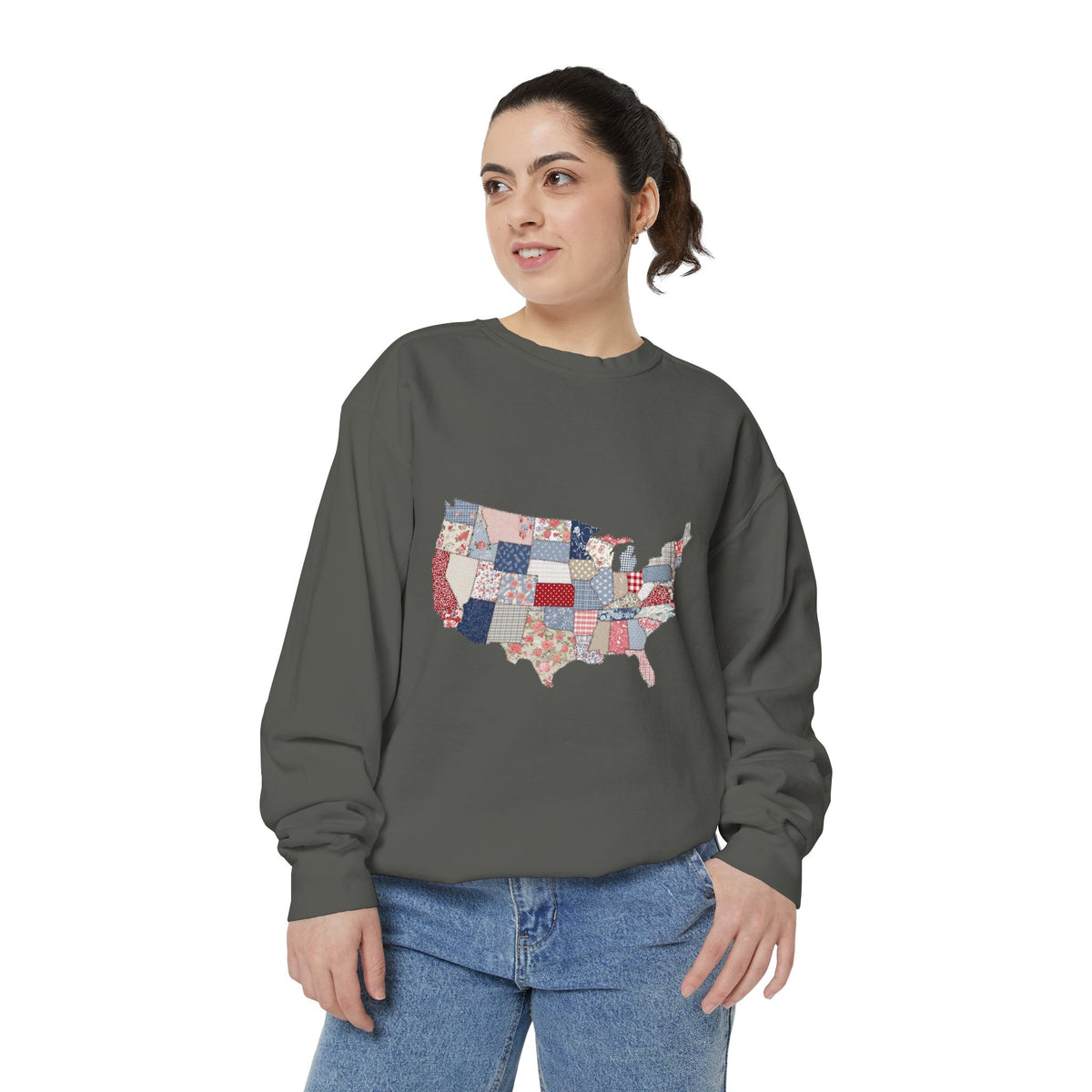 Patchwork USA Map Comfort Sweatshirt, Quilted America Crewneck Sweatshirt, Patriotic Americana Gift, Fourth of July Comfort Sweatshirt