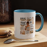 Glow Up Affirmations Coffee Mug, Girl Boss Self Care Gift for Her, Cute Messy Bun Aesthetic Motivational Ceramic Tea Cup with Pink Handle